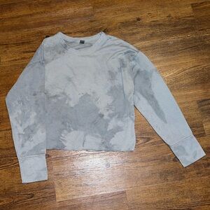Gray Acid Wash Long Sleeve Tie-Dye Cropped Crewneck Pullover Sweatshirt Size L